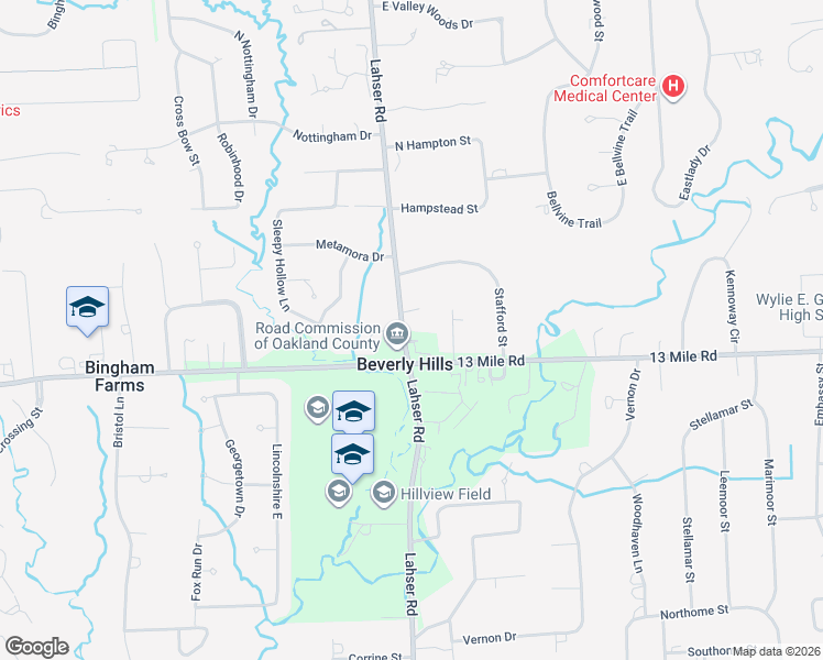 map of restaurants, bars, coffee shops, grocery stores, and more near 31170 Lahser Road in Beverly Hills