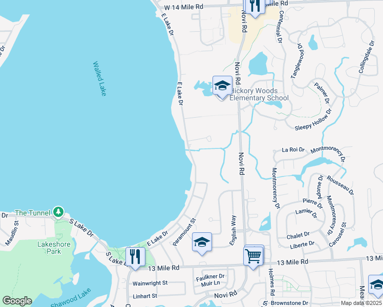 map of restaurants, bars, coffee shops, grocery stores, and more near 1353 East Lake Drive in Novi