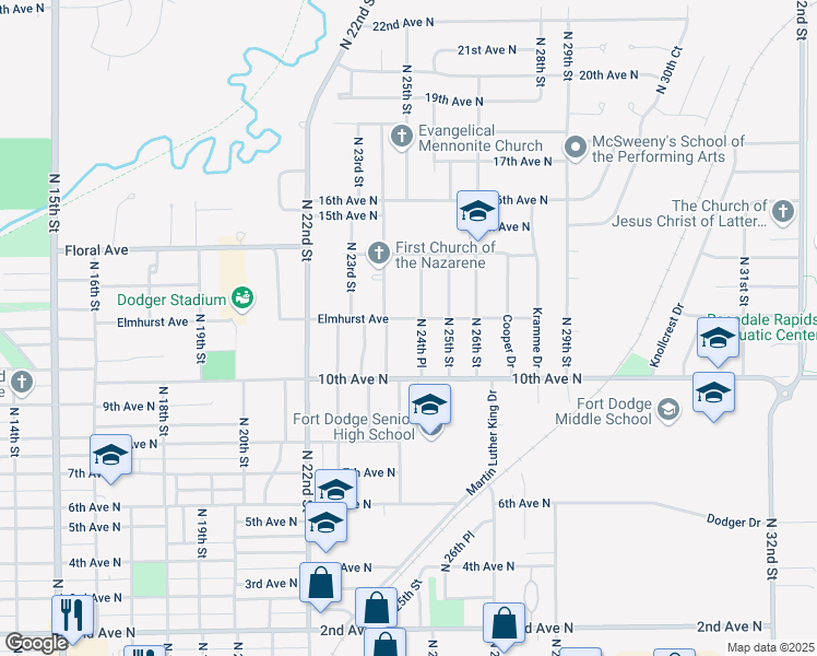 map of restaurants, bars, coffee shops, grocery stores, and more near 2422 Elmhurst Avenue in Fort Dodge