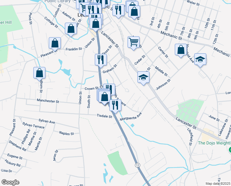 map of restaurants, bars, coffee shops, grocery stores, and more near 62 Lincoln Terrace in Leominster