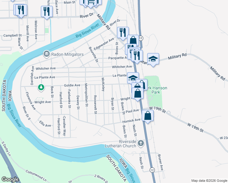 map of restaurants, bars, coffee shops, grocery stores, and more near 2220 Bryan Street in Sioux City