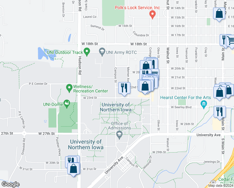 map of restaurants, bars, coffee shops, grocery stores, and more near 2218 Campus Street in Cedar Falls