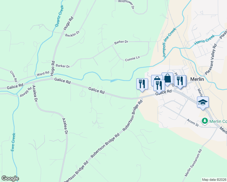 map of restaurants, bars, coffee shops, grocery stores, and more near 500 Galice Road in Merlin