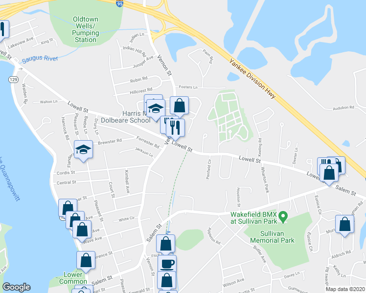 map of restaurants, bars, coffee shops, grocery stores, and more near 410 Lowell Street in Wakefield
