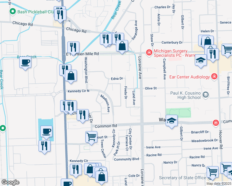 map of restaurants, bars, coffee shops, grocery stores, and more near 8529 Kennedy Circle North in Warren