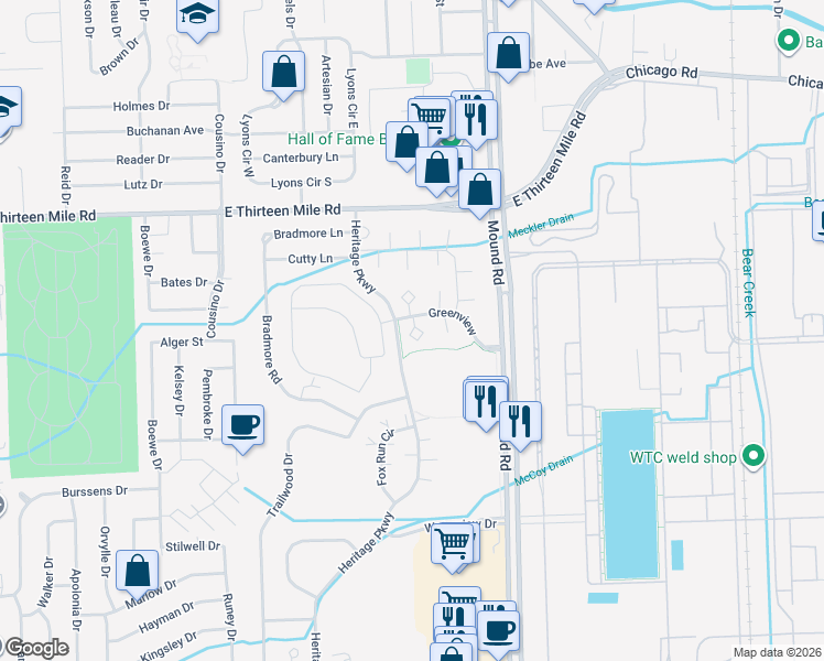 map of restaurants, bars, coffee shops, grocery stores, and more near 5688 Murphy Court in Warren