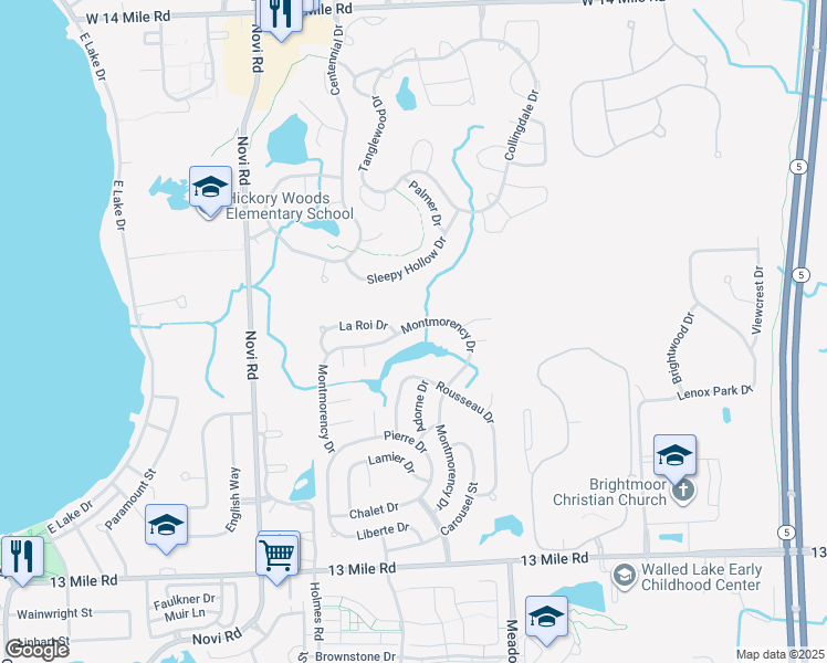 map of restaurants, bars, coffee shops, grocery stores, and more near 29941 Montmorency Drive in Novi
