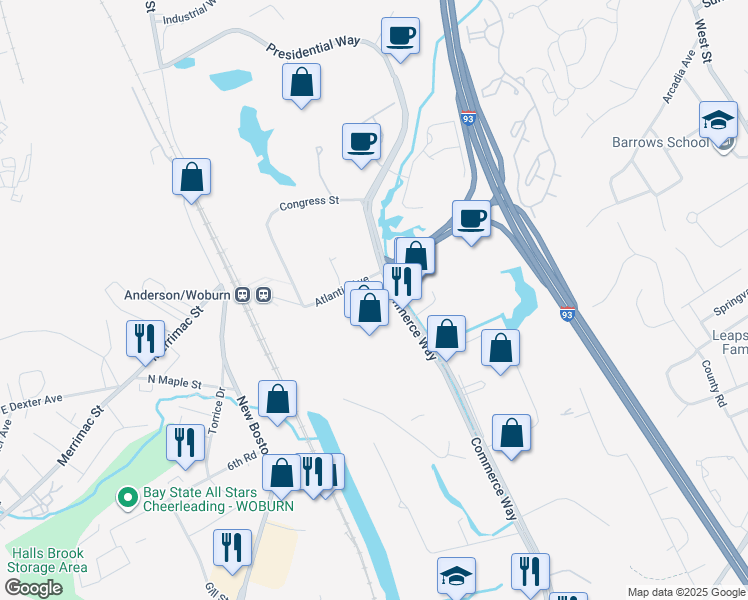 map of restaurants, bars, coffee shops, grocery stores, and more near 120 Commerce Way in Woburn