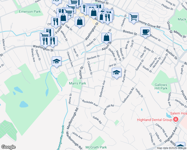 map of restaurants, bars, coffee shops, grocery stores, and more near 21 Calumet Street in Peabody