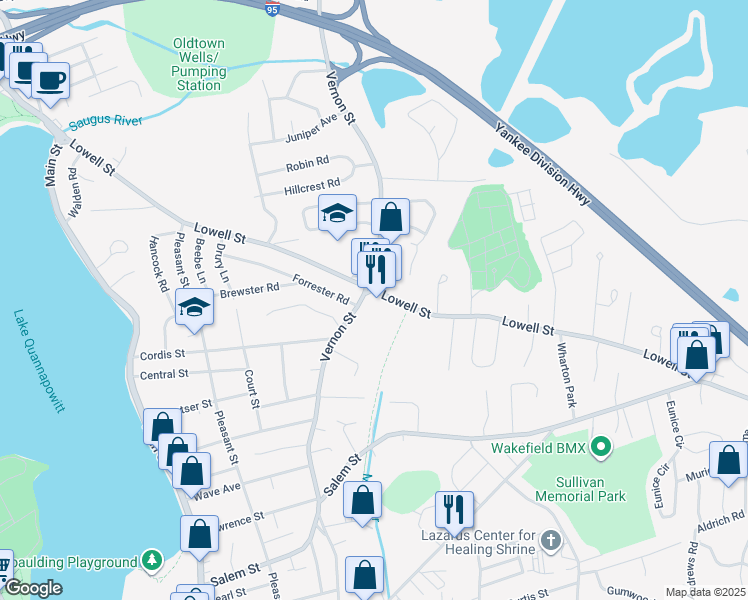 map of restaurants, bars, coffee shops, grocery stores, and more near 380 Lowell Street in Wakefield