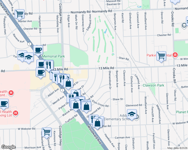 map of restaurants, bars, coffee shops, grocery stores, and more near 2715 Bamlet Road in Royal Oak