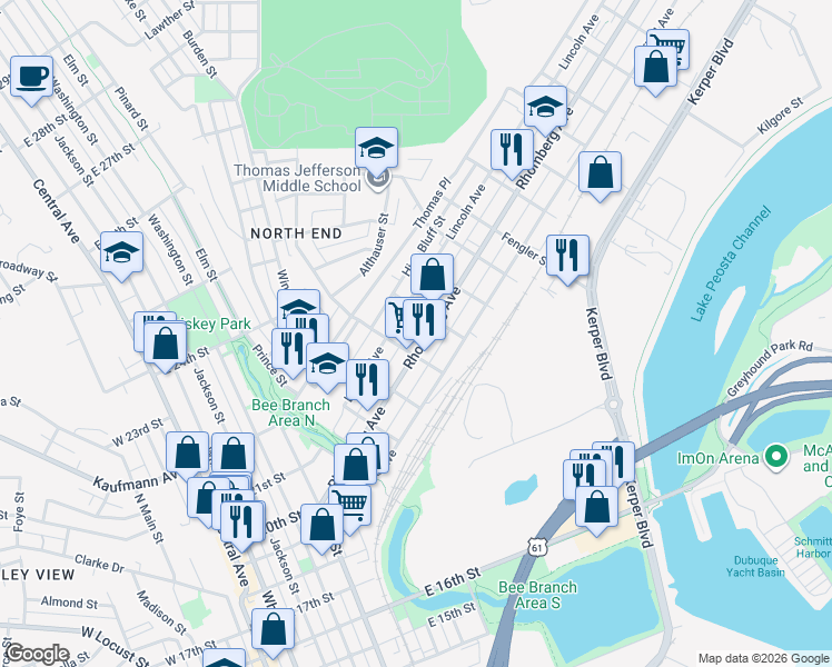 map of restaurants, bars, coffee shops, grocery stores, and more near 814 Lincoln Avenue in Dubuque