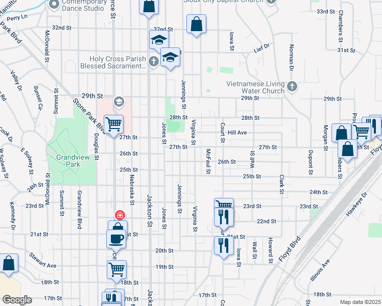 map of restaurants, bars, coffee shops, grocery stores, and more near 908 27th Street in Sioux City