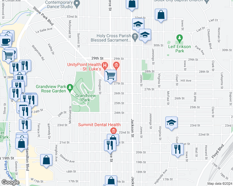 map of restaurants, bars, coffee shops, grocery stores, and more near 2600 Pierce Street in Sioux City