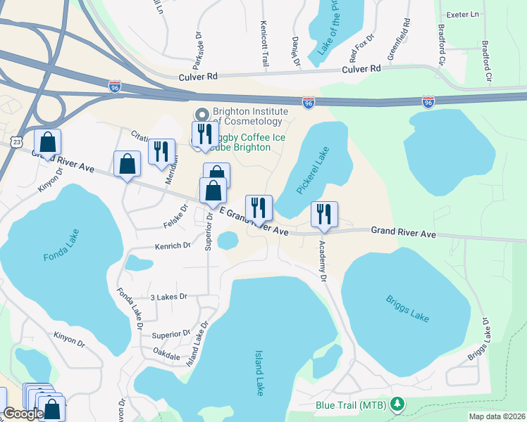 map of restaurants, bars, coffee shops, grocery stores, and more near 10675-10713 Grand River Rd in Brighton