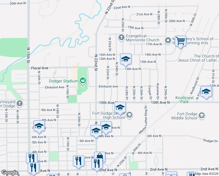 map of restaurants, bars, coffee shops, grocery stores, and more near 2310 Elmhurst Avenue in Fort Dodge