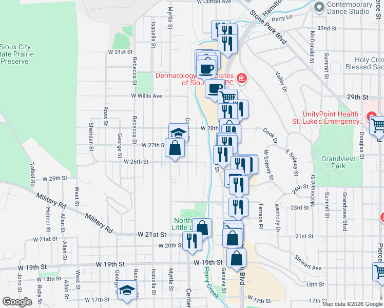 map of restaurants, bars, coffee shops, grocery stores, and more near 1114 West 27th Street in Sioux City