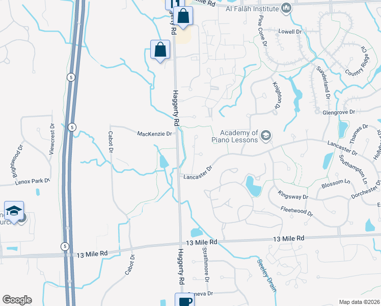 map of restaurants, bars, coffee shops, grocery stores, and more near 30397 Stratford Court in Farmington Hills