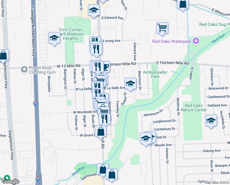 map of restaurants, bars, coffee shops, grocery stores, and more near 30551 Townley Street in Madison Heights