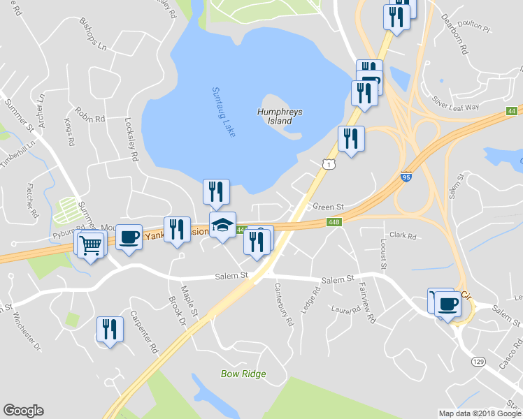 map of restaurants, bars, coffee shops, grocery stores, and more near 3 Lake Street in Lynnfield
