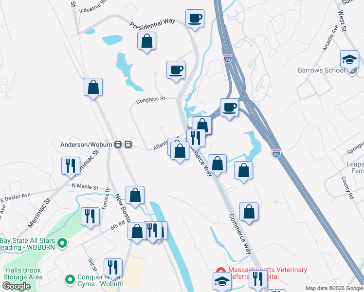 map of restaurants, bars, coffee shops, grocery stores, and more near 120 Commerce Way in Woburn