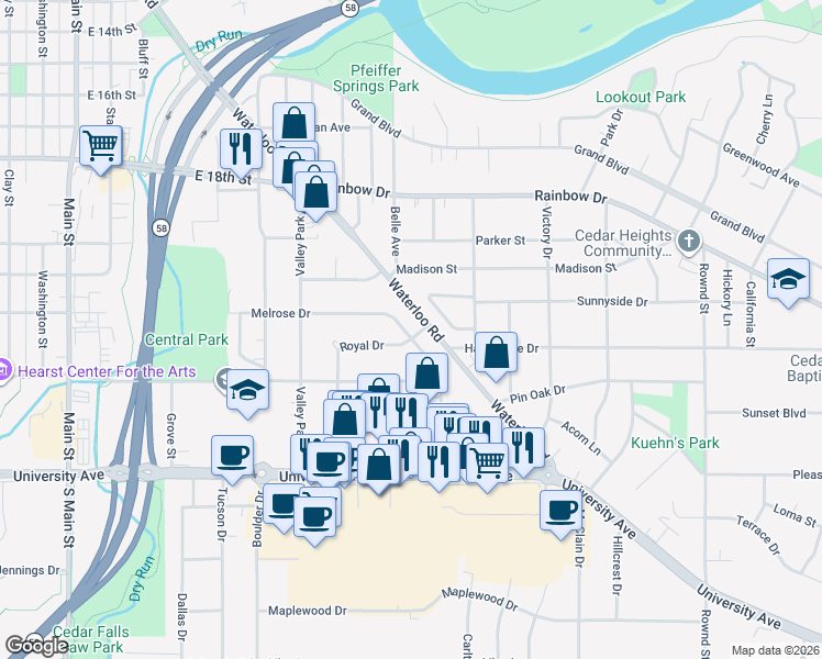 map of restaurants, bars, coffee shops, grocery stores, and more near 1104 Melrose Drive in Cedar Falls