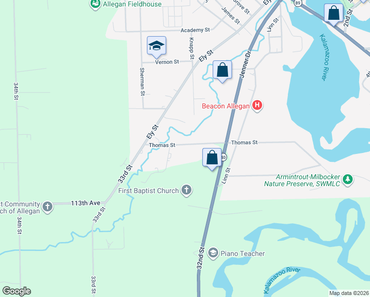 map of restaurants, bars, coffee shops, grocery stores, and more near 333 Thomas Street in Allegan
