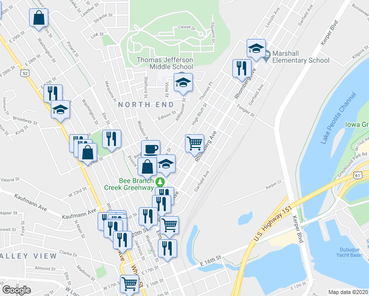 map of restaurants, bars, coffee shops, grocery stores, and more near 801 Lincoln Avenue in Dubuque
