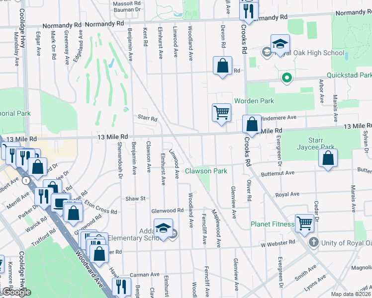 map of restaurants, bars, coffee shops, grocery stores, and more near 3217 Woodland Avenue in Royal Oak