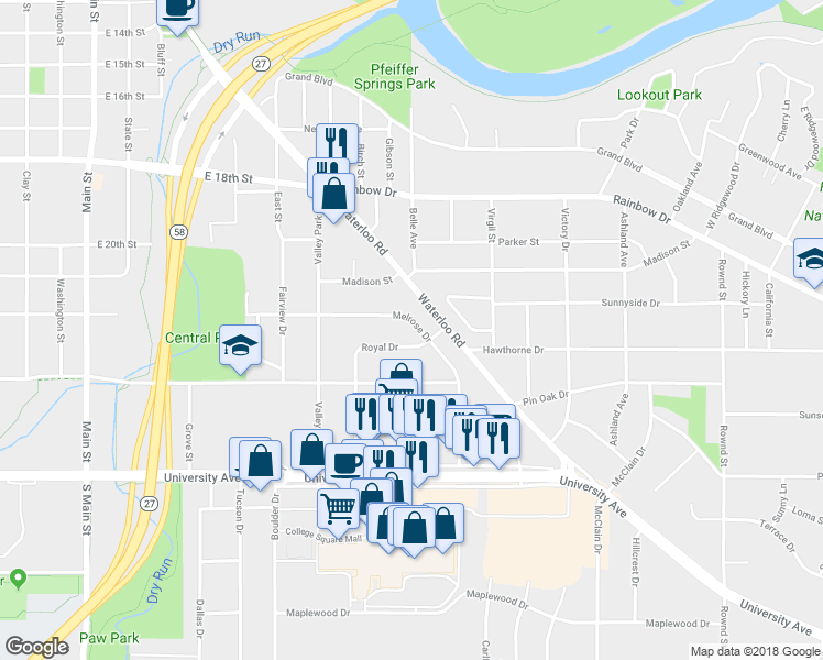 map of restaurants, bars, coffee shops, grocery stores, and more near 1105 Melrose Drive in Cedar Falls