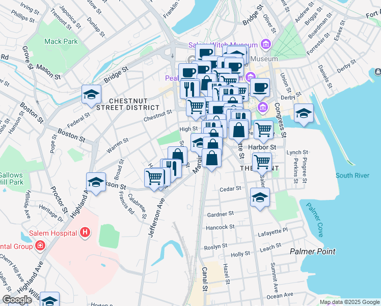 map of restaurants, bars, coffee shops, grocery stores, and more near 38 Endicott Street in Salem