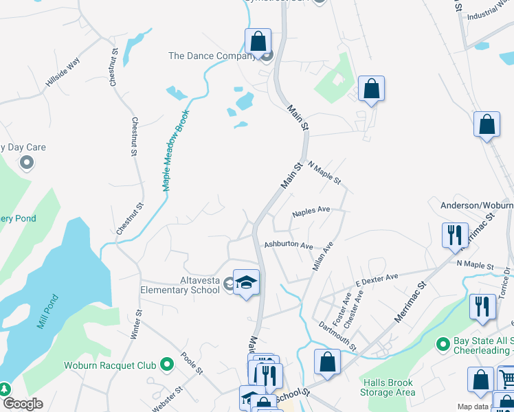 map of restaurants, bars, coffee shops, grocery stores, and more near 1020R Main Street in Woburn