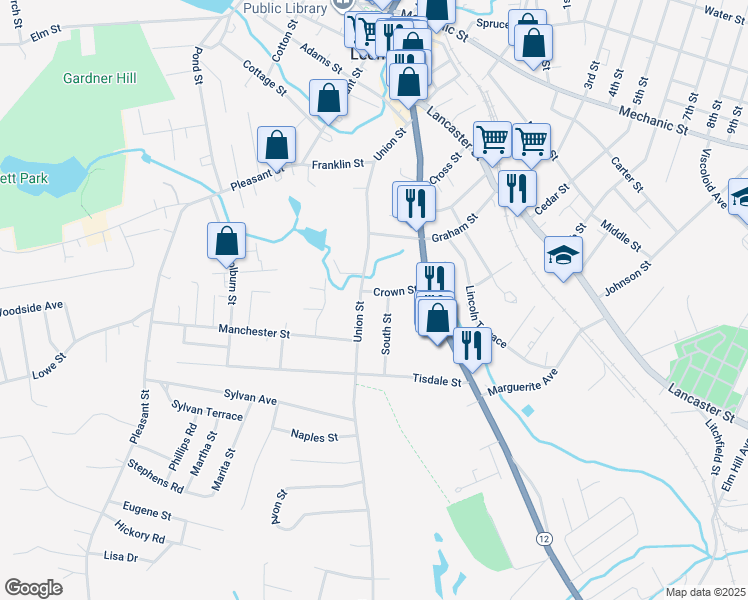 map of restaurants, bars, coffee shops, grocery stores, and more near 15 Crown Street in Leominster