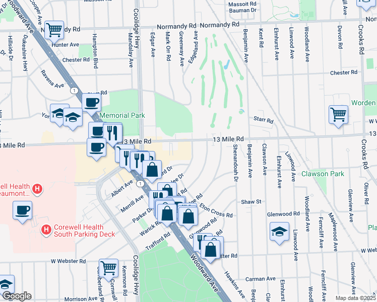 map of restaurants, bars, coffee shops, grocery stores, and more near 2819 Woodslee Drive in Royal Oak