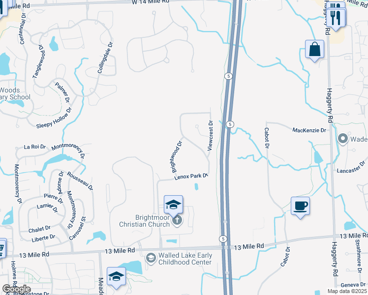map of restaurants, bars, coffee shops, grocery stores, and more near 40642 Lenox Park Drive in Novi