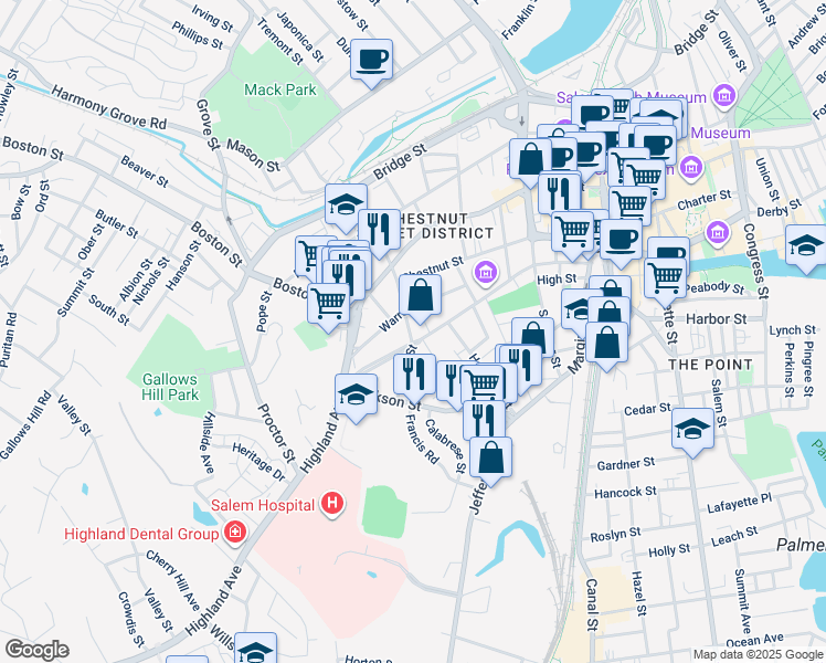 map of restaurants, bars, coffee shops, grocery stores, and more near 4 Flint Street in Salem