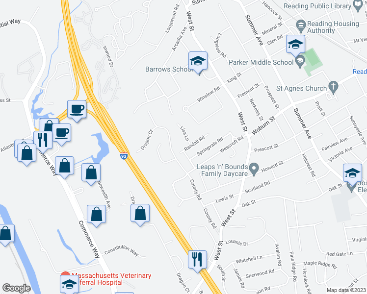map of restaurants, bars, coffee shops, grocery stores, and more near 12 Randall Road in Reading