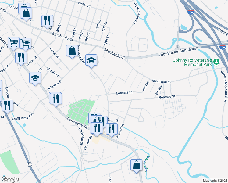 map of restaurants, bars, coffee shops, grocery stores, and more near 158 Viscoloid Avenue in Leominster