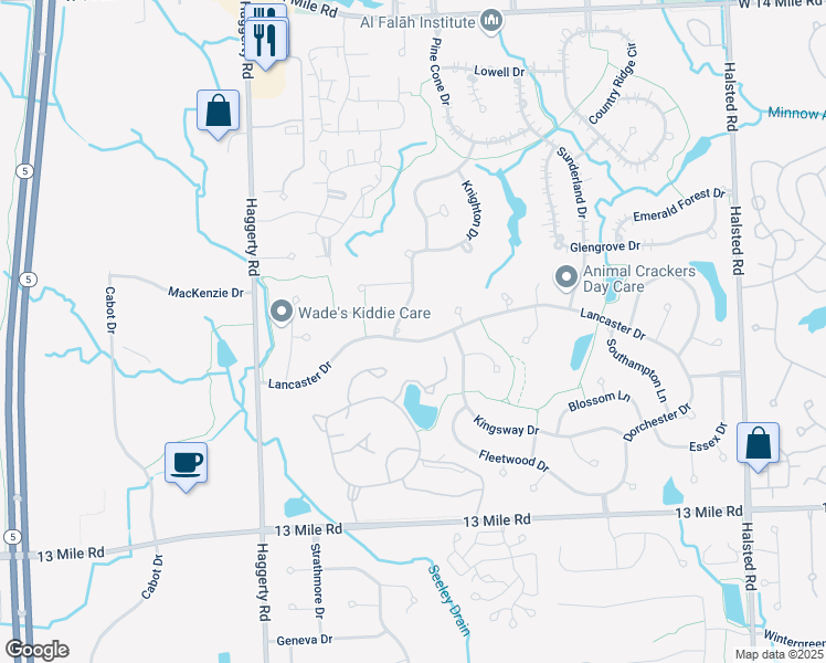 map of restaurants, bars, coffee shops, grocery stores, and more near 38680 Lancaster Drive in Farmington Hills