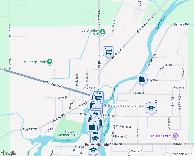 map of restaurants, bars, coffee shops, grocery stores, and more near 423 Canal Street in Eaton Rapids