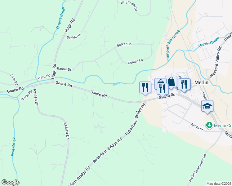 map of restaurants, bars, coffee shops, grocery stores, and more near 500 Galice Road in Merlin