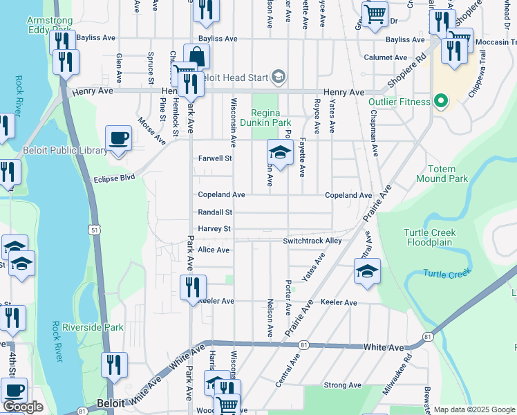 map of restaurants, bars, coffee shops, grocery stores, and more near 1226 Copeland Avenue in Beloit