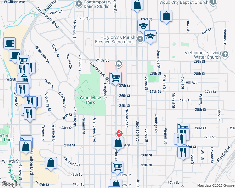 map of restaurants, bars, coffee shops, grocery stores, and more near 2600 Pierce Street in Sioux City