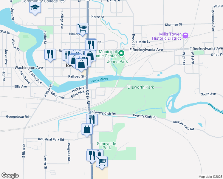 map of restaurants, bars, coffee shops, grocery stores, and more near 263-299 Park Avenue in Iowa Falls