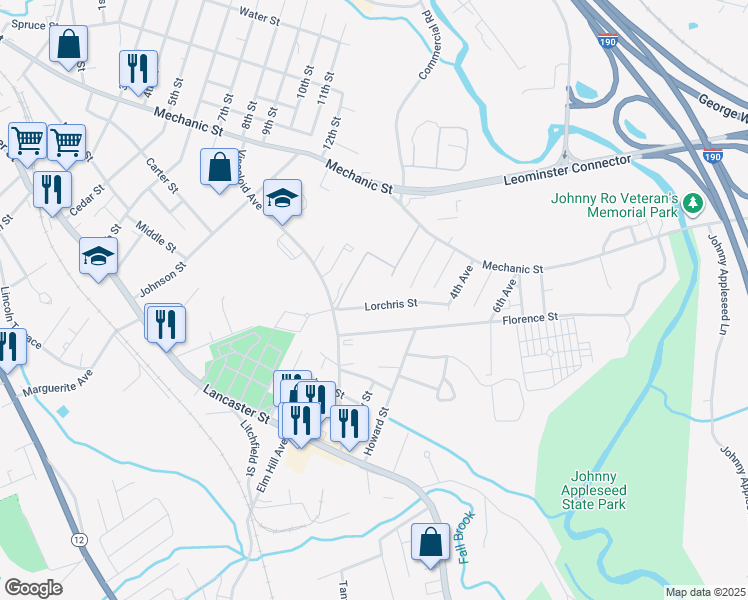 map of restaurants, bars, coffee shops, grocery stores, and more near 26 Lorchris Street in Leominster