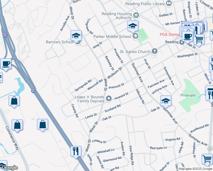 map of restaurants, bars, coffee shops, grocery stores, and more near 201 West Street in Reading