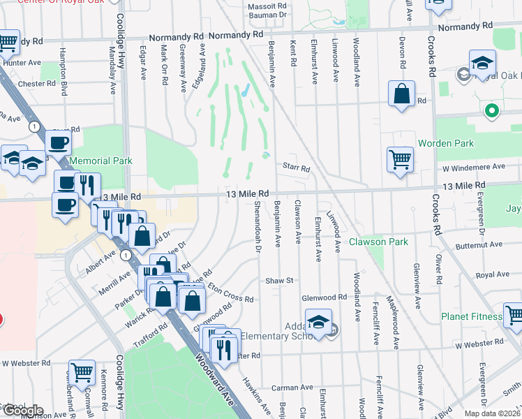 map of restaurants, bars, coffee shops, grocery stores, and more near 3225 Benjamin Avenue in Royal Oak