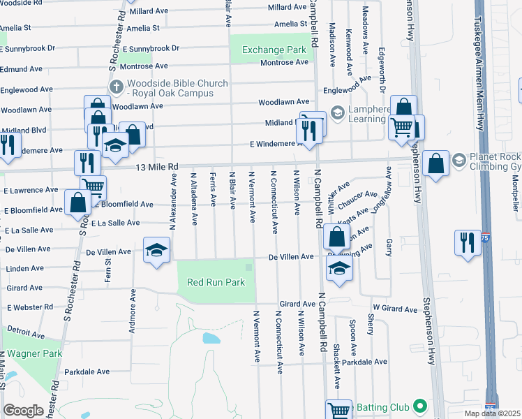 map of restaurants, bars, coffee shops, grocery stores, and more near 3035 North Connecticut Avenue in Royal Oak