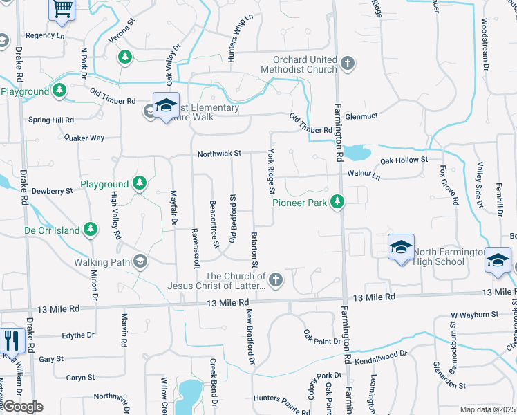 map of restaurants, bars, coffee shops, grocery stores, and more near 30019 Briarton Street in Farmington Hills