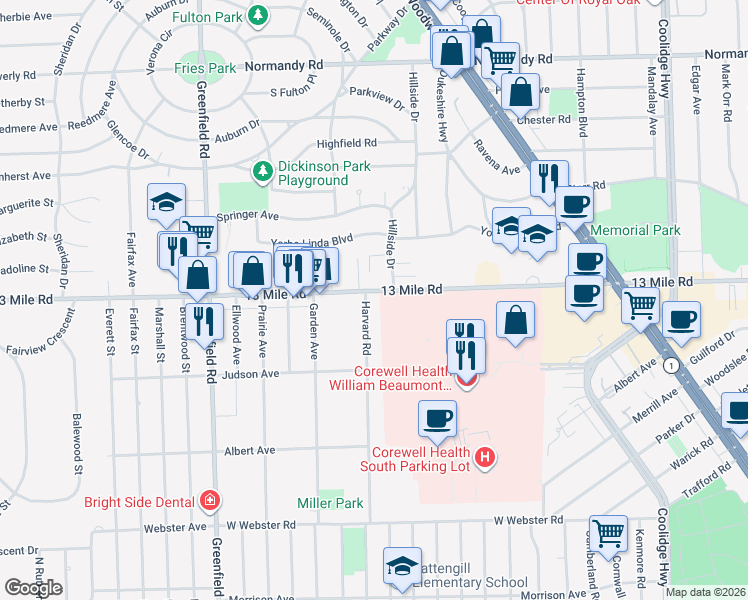 map of restaurants, bars, coffee shops, grocery stores, and more near in Royal Oak